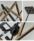 Close-up of Four-Light Farmhouse Chandelier With Imitation Wood Grain And Matte Black Finish, showing swing arm details.