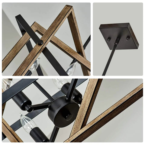 Close-up of Four-Light Farmhouse Chandelier With Imitation Wood Grain And Matte Black Finish, showing swing arm details.