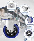 Front view of WORKPRO 4-inch swivel caster wheels set of 4 with blue polyurethane wheels and galvanized steel housing