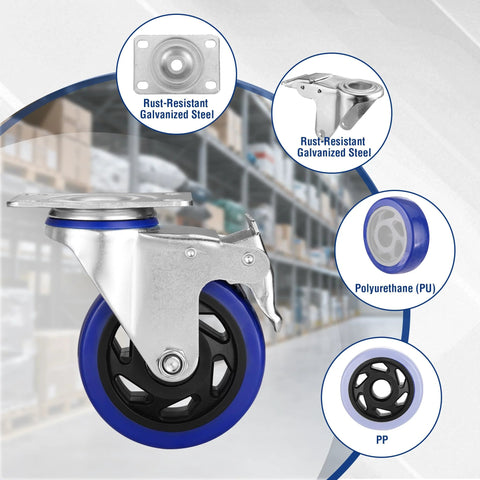 Front view of WORKPRO 4-inch swivel caster wheels set of 4 with blue polyurethane wheels and galvanized steel housing