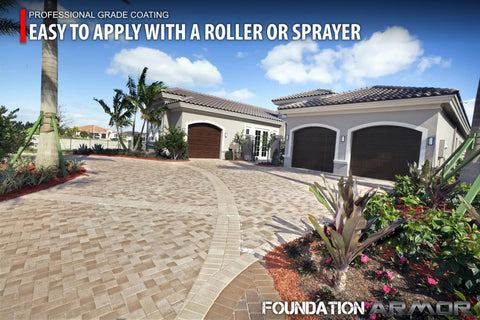 Heavy Duty Solvent Based Acrylic High Gloss Wet Look Cure And Seal For Concrete And Pavers 5 Gallon applied to a driveway.