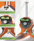Nuvium pipe center finder with orange Y-shaped magnetic base and dial bubble protractor, front view