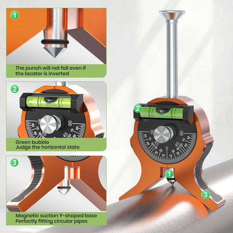 Nuvium pipe center finder with orange Y-shaped magnetic base and dial bubble protractor, front view