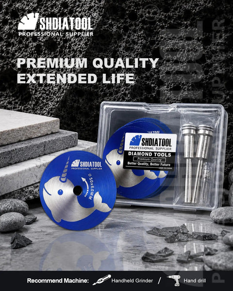 Diamond Tile Cutting Wheel Set For Rotary Tool Ultra Thin Zero Point Seven Millimeter Rim For Clean Precise 50mm Cuts 4 Pack Pro Grade Grout Removal And Edge Trimming Great For Ceramic Marble And Porcelain Tile Jobs, shown with blades and case