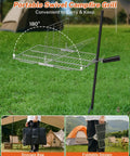 Portable Campfire Grill Grate For Fire Pit Foldable Stainless Steel with height adjustable legs shown with storage bag and holder.
