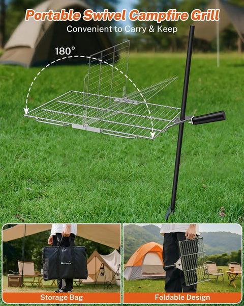 Portable Campfire Grill Grate For Fire Pit Foldable Stainless Steel with height adjustable legs shown with storage bag and holder.