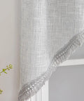 Close-up of tassel linen textured swag valances for farmhouse kitchen and small windows light filtering rustic topper with rod pocket
