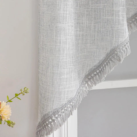 Close-up of tassel linen textured swag valances for farmhouse kitchen and small windows light filtering rustic topper with rod pocket