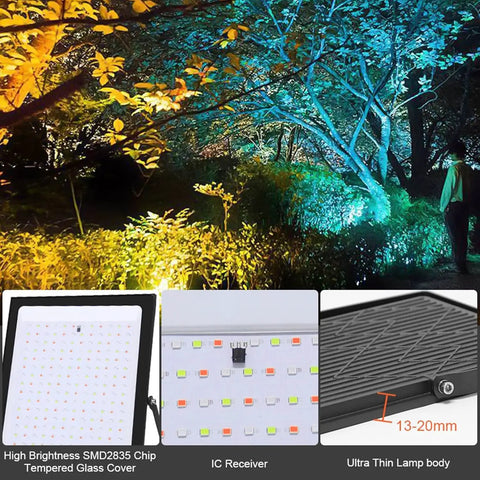 Led Floodlight RGB Ac220V 30W 50W 100W 200W Flood Light Color Changing illuminating garden at night with colorful effects.
