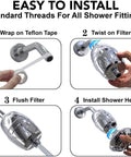 Chlorine Busting Shower Filter System installation steps with Teflon tape, filter twist, flushing, and shower head attachment.