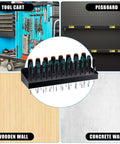 Beefy 32 Hole Screwdriver Organizer Wall Mount Rack Heavy Duty Metal Tool Holder displayed on various wall types.