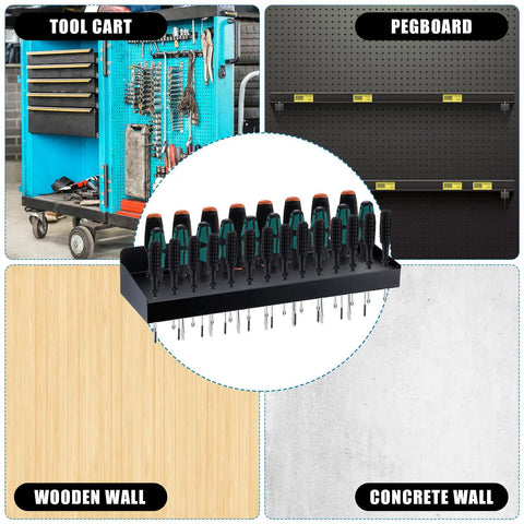 Beefy 32 Hole Screwdriver Organizer Wall Mount Rack Heavy Duty Metal Tool Holder displayed on various wall types.