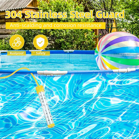 1500W Portable Immersion Water Heater With Digital Lcd Screen And Heavy Duty Stainless Guard in a pool setting.