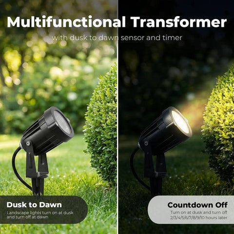 All In One Low Voltage Landscape Lighting Kit With 8 Waterproof LED Spotlights, 2700K warm white, on dusk to dawn setting