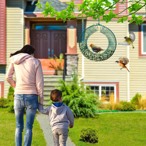 Two Pack Peanut Bird Feeder Set Round Metal Hanging Wreath Style Feeder With Built In Hook for outdoor birds and squirrels