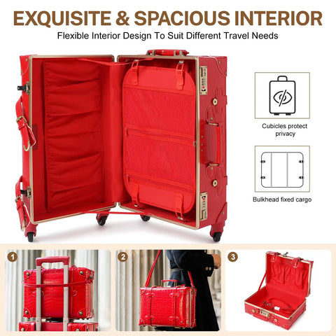 Vintage Inspired 3-Piece Luggage Set With Hardside Red Crocodile-Embossed Finish Lightweight Spinner Suitcases interior view