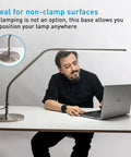 Non Slip Freestanding Desk Lamp Base For Slimline Models, Brushed Steel Finish, used on office desk with laptop