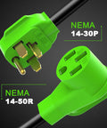 Heavy Duty Nema 14-30p To 14-50r EV Charger Adapter Converts Dryer Outlet To 50 Amp Power showing NEMA plugs.