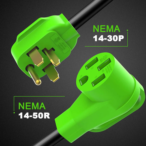 Heavy Duty Nema 14-30p To 14-50r EV Charger Adapter Converts Dryer Outlet To 50 Amp Power showing NEMA plugs.