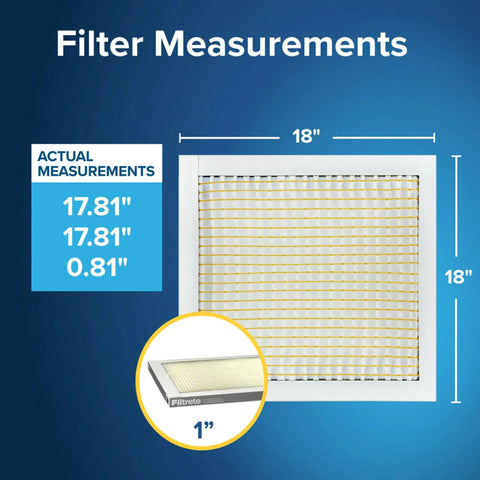 18x18x1 Air Filter MERV 5 Six Pack for Furnace and AC Systems, dimensions shown with actual size and thickness detail