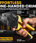 Pro Grade Crimping Tool Kit With Heat Shrink Connectors in hand, showing one-handed crimp feature, black and yellow design.