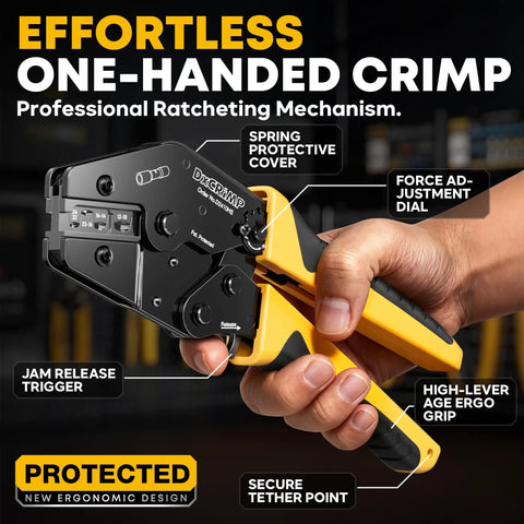Pro Grade Crimping Tool Kit With Heat Shrink Connectors in hand, showing one-handed crimp feature, black and yellow design.