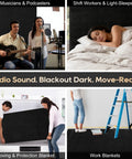 Heavy Duty Sound Dampening Acoustic Blankets 2 Pack 96 X 80 Inches 850 Gsm Solid Build Game Changer No Fluff Echo Control For Podcast Studio, displayed in use by musicians and in various settings.
