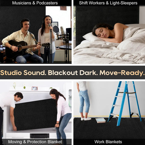 Heavy Duty Sound Dampening Acoustic Blankets 2 Pack 96 X 80 Inches 850 Gsm Solid Build Game Changer No Fluff Echo Control For Podcast Studio, displayed in use by musicians and in various settings.