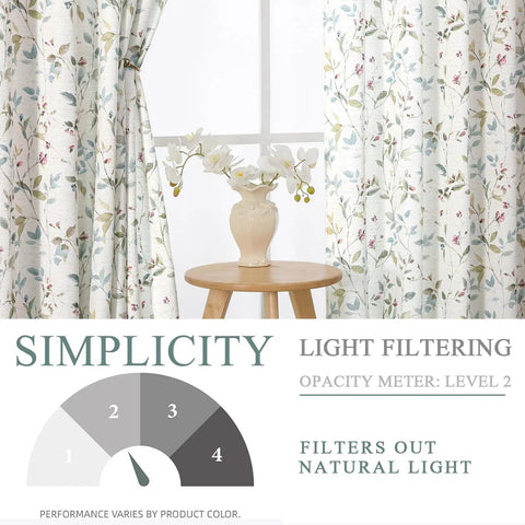 Light Filtering Linen Blend Floral Curtains For Cozy Bedroom And Living Room 38x45 Inches 2 Panels Grommet Drapes