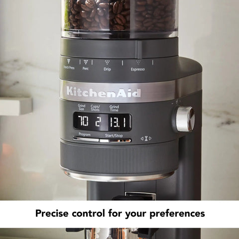 Premium Burr Coffee Grinder With Smart Dosing Technology For Dead Simple French Press To Espresso Ground Settings In Smooth Charcoal Grey Design with control display.