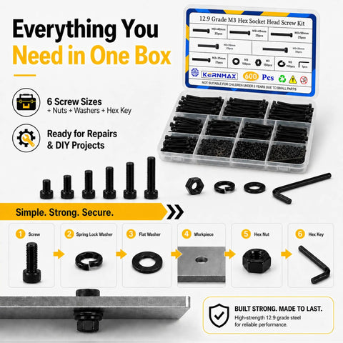 Heavy Duty M3 Hardware Stack Includes 600 Fully Threaded Hex Socket Head Caps Nuts And Washers Sized 25 To 50 Mm displayed in a storage box.