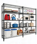 Legit Heavy Duty Five Tier Metal Storage Shelves Adjustable Industrial Steel Rack With Matte Black Rust Resistant Finish, kitchen filled with cookware and storage.
