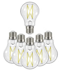 6 clear filament bulbs, 8W LED A19, 3000K soft white, medium base, displayed in a pyramid shape, high CRI 90 plus for cozy vibe