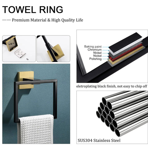 Dope Black And Gold Stainless Steel Towel Ring Wall Mount, rust-resistant SUS304, shown mounted with hand towel