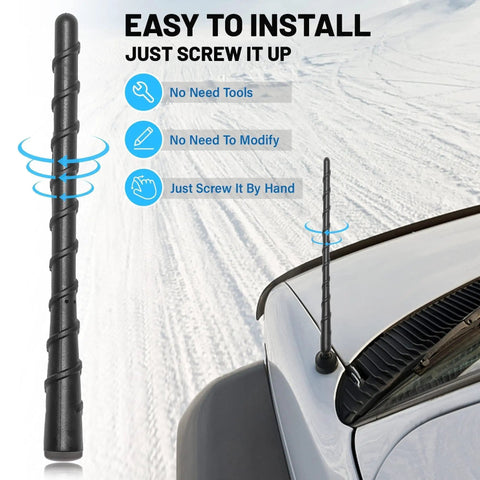 Close-up of 7 Inch Spiral Antenna Mast Replacement for Nissan Pathfinder mounted on a car, showing easy installation steps.