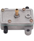 AHL fuel pump, front view; silver aluminum body with brass inlet/outlet and black hose barb.