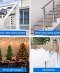 Image shows wood and metal cable railing systems, string lights, and clotheslines, highlighting various applications of galvanized steel zipline cable.