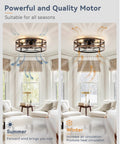 20-Inch Caged Ceiling Fan With Light And Remote in living room, showing summer and winter modes, industrial farmhouse style