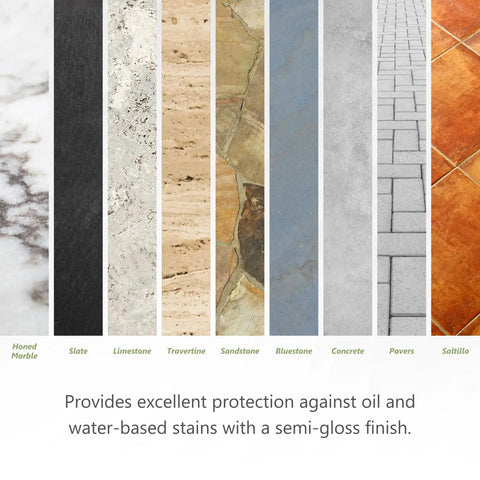 Hella Tough Semi Gloss Stone Sealer For Natural Stone Pavers Tile And Concrete With A Smooth Wet Look Finish that protects various surfaces.