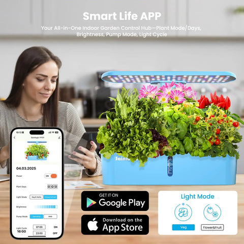 Woman using Hydroponic Garden Kit With 12 Pods, 24W Full Spectrum LED Grow Light, Smart App Control With WiFi, Auto Timer, on table.