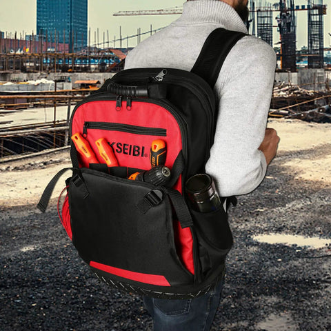 16 Inch Canvas Tool Bag Built Tough With Large Mouth, Wear Resistant Base, 3 External Pockets, Heavy Duty Zippers in use