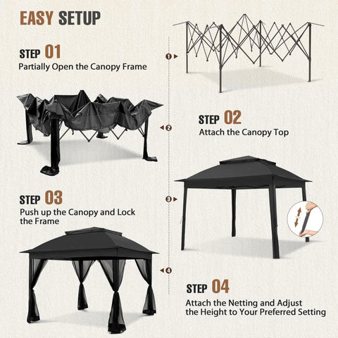 Setup guide showing assembly steps for 11x11 Pop Up Gazebo Tent With Mesh Netting, Instant Outdoor Canopy With UPF 50 Plus UV Protection