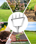 Semi Assembled Lawn Aerator With Four Steel Spikes shown with uses on grass, garden, turf, soil, vegetable garden, and golf course.