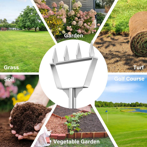 Semi Assembled Lawn Aerator With Four Steel Spikes shown with uses on grass, garden, turf, soil, vegetable garden, and golf course.