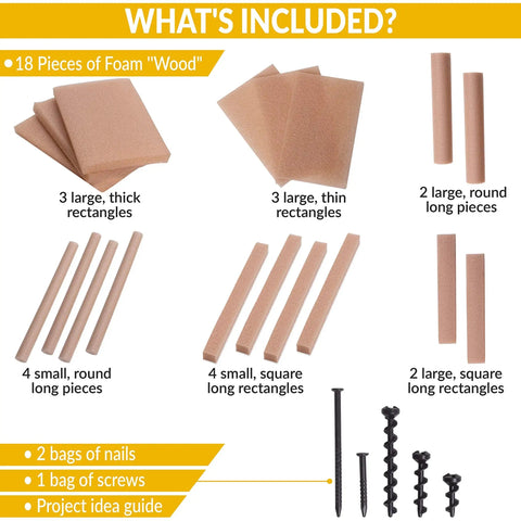 Kids Foam Wood Craft Kit 18 Piece Hands On Build Set For Boys And Girls Dope STEAM STEM Learning Toy Educational Construction Toys For Creative Play And Skill Building, 18 foam wood pieces