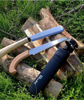 Japanese NATA Tool Knife And Pruning Saw Set 6.5 Inch Hatchet Axe displayed with sheath on wood logs outdoors
