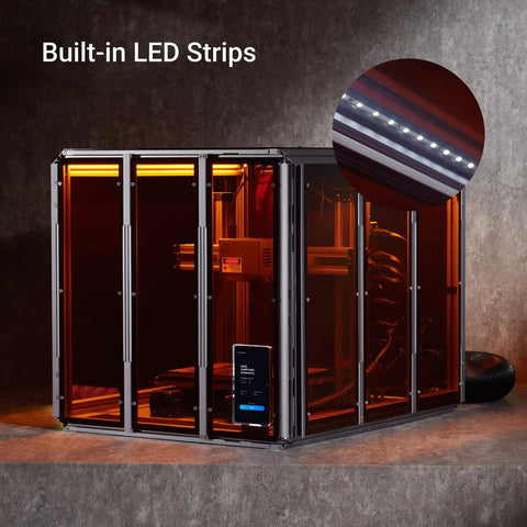 Kick-Ass 3D Printer Enclosure With Heavy Duty Blower To Sweep Fumes And Particulates Out Laser Safe Panels showing built-in LED strips.