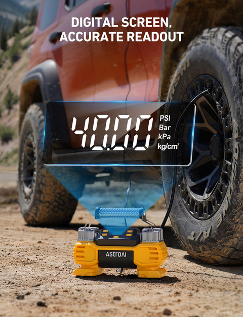 Heavy Duty 12V Tire Inflator With Auto Shutoff And Digital Screen Dual Cylinders And Dual Motors Portable Air Compressor on gravel road