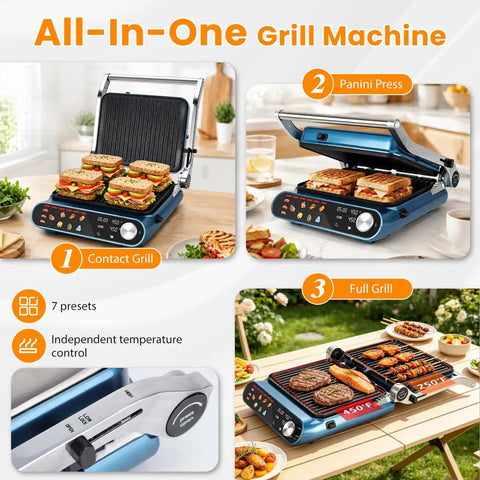 Taylor Swoden 7-In-1 Panini Press Sandwich Maker Electric Indoor Grill Waffle Iron Contact Grill Nonstick Plate with sandwiches and grill.