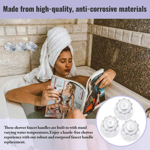 Woman in bath with Shower Knob Replacement Kit 3 Piece Set For Price Pfister Bathtub Faucets 12 Point Broach Clear Acrylic Handles displayed